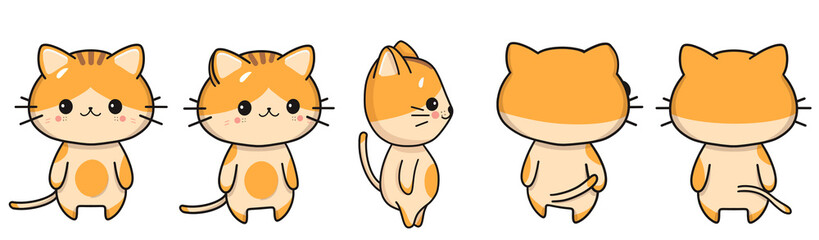 Character bellybutton rige chibi cat in different angles. Cartoon illustration of a kitten