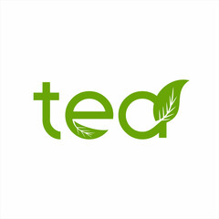Tea word design with illustration of tea leaves on letters E and A.