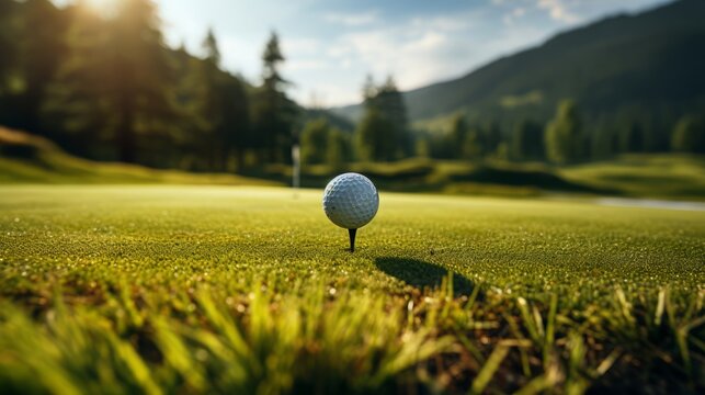 Golfer hits ball on green grass aiming for hole accuracy. Generative AI.