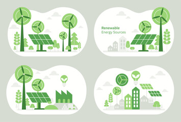 Green economy and renewable energy concept in flat vector illustration. Solar electric panels and wind turbines. Sustainable power plants for clean earth environment - obrazy, fototapety, plakaty
