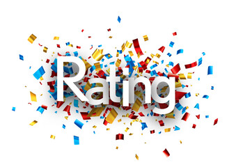 Rating sign over colorful cut ribbon confetti background.