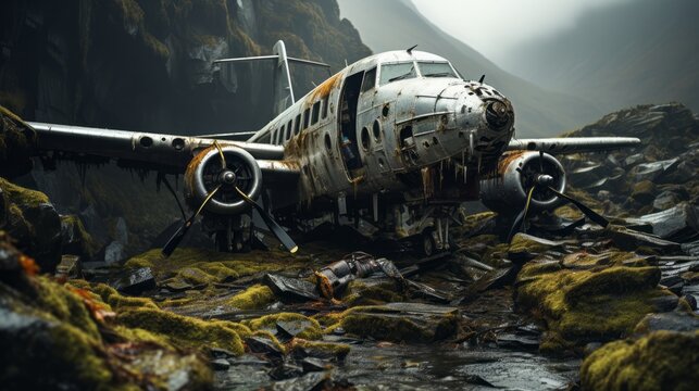 Gray wreckage of an aircraft on a rock beneath gloomy sky. Generative AI.