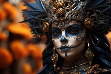 Close-up portrait of a beautiful sugar skull in a medieval costume