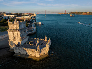 Aerial view of Belem Tower famous tourist landmark of Lisboa and tourism attraction on the bank of...