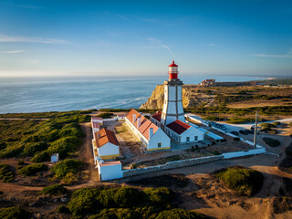 Aerial drone view of lighthouse on Cabo Espichel cape Espichel on Atlantic ocean