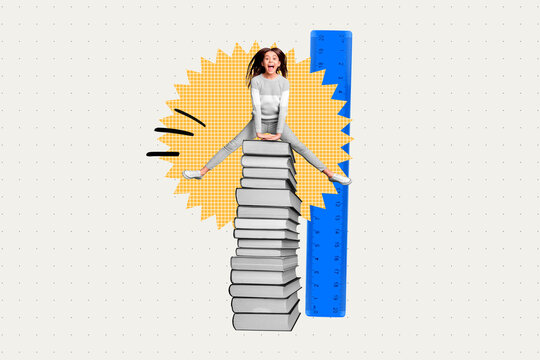 Collage 3d image of excited mini girl jumping above huge pile stack book ruler isolated on creative painted background