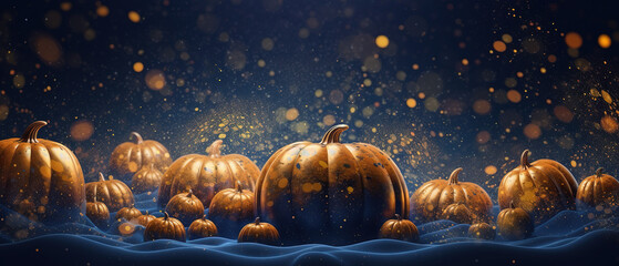 Abstract background with pumpkin Dark blue and gold particle.