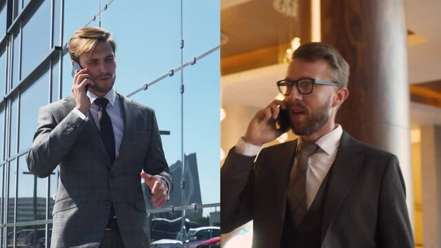 Split screen, businessmen communicate with each other by calling on the mobile phones, top managers in a suits talking on the go, skyscraper in the background, man in a hotel.
