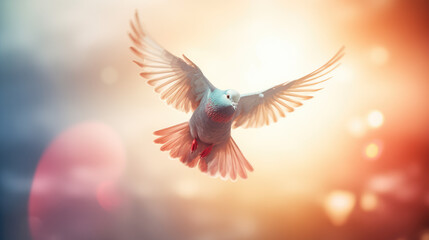 Fototapeta premium Flying dove against sun and blurred background