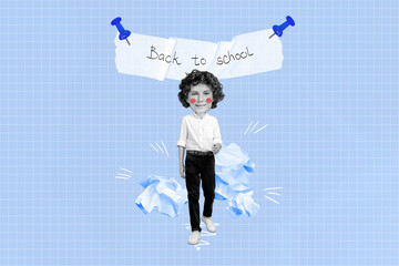 Billboard collage of little funny caricature head academic diligent student pupil back to school...