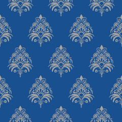 Damask floral grey motif pattern on a blue background. Luxury wallpaper texture ornament decor. Baroque Textile, fabric, tiles.