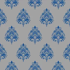 Fototapeten Damask floral blue motif pattern on a grey background. Luxury wallpaper texture ornament decor. Baroque Textile, fabric, tiles. © SkyeCreativeStudio