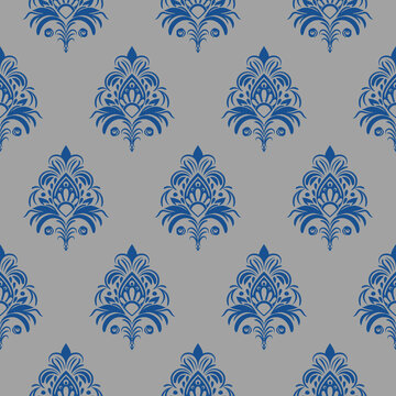 Damask floral blue motif pattern on a grey background. Luxury wallpaper texture ornament decor. Baroque Textile, fabric, tiles.