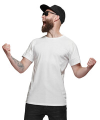White blank T-shirt on a happy screaming man for your logo or design - 641313245