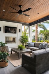 Exterior Design of a Modern House with a Relax Zone under a Veranda. Beautiful Garden and some Couches and Sofa.