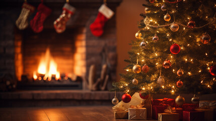 Fototapeta na wymiar chimney, christmas tree, christmas stocking, wreath, christmas, generative ai