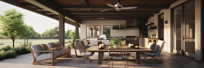 Fototapeta premium Exterior Design of a Modern House with a Relax Zone under a Veranda. Beautiful Garden and some Couches and Sofa.