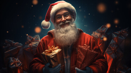 Fototapeta na wymiar santa claus with present in hand, christmas, generative ai