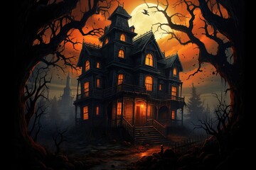 Fototapeta na wymiar Halloween Castle. Cartoonized, Huge Moon and Orange Sky.