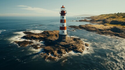 Lighthouse in the middle of a body of water. Generative AI.