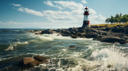 Lighthouse in the middle of a body of water. Generative AI.