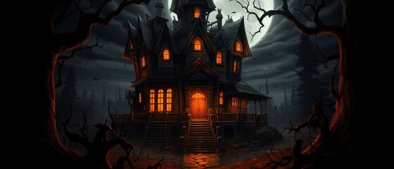 Halloween Castle. Cartoonized, Huge Moon and Orange Sky.