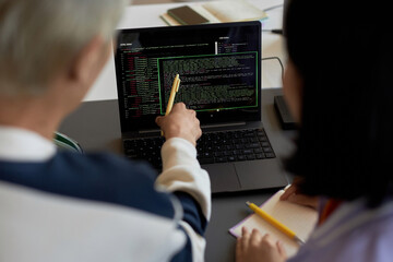 Guy with pen pointing at codes on laptop screen during presentation of new software to female...