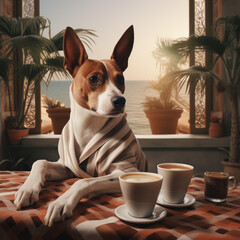 Basenji breed dog sitting at the table.Breakfast with cap of coffee  - obrazy, fototapety, plakaty