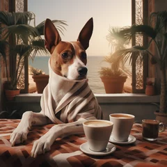 Fotobehang Basenji breed dog sitting at the table.Breakfast with cap of coffee  © Ekaterina