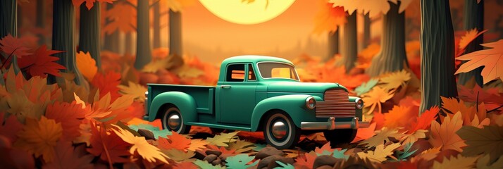 Cartoonized Truck in the Middle of a Forest during Autumn, Fall Season.