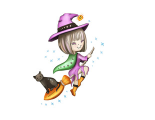 Cute Halloween witch flying with broom and cat
