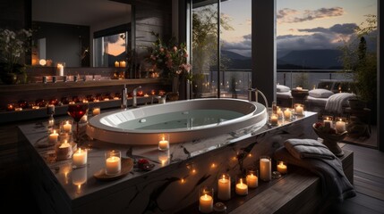 Luxury candlelit spa treatment in modern domestic bathroom. Generative AI. - obrazy, fototapety, plakaty