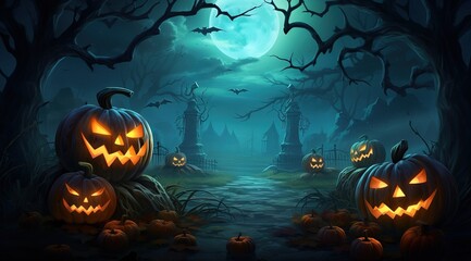 Fototapeta premium Scary Atmosphere in a abandoned Cemetery decorated with Halloween Pumpkins. Cartoonized.