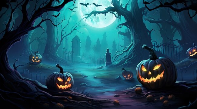 Scary Atmosphere in a abandoned Cemetery decorated with Halloween Pumpkins. Cartoonized.