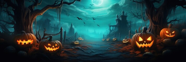 Scary Atmosphere in a abandoned Cemetery decorated with Halloween Pumpkins. Cartoonized.