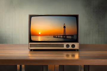  Vector 3d Realistic Retro TV Receiver on a Wooden Table Stand. Home Interior Design Concept. Vintage TV Set on the Wooden Floor. Television, Front View - obrazy, fototapety, plakaty