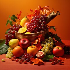 Professional Composit of some Autumnal Fruit over an Orange Background.