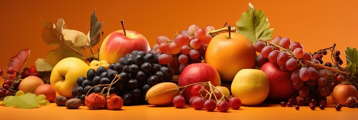 Professional Composit of some Autumnal Fruit over an Orange Background.