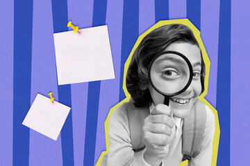 Creative composite photo illustration collage of excited schoolkid look in enlarge glass...