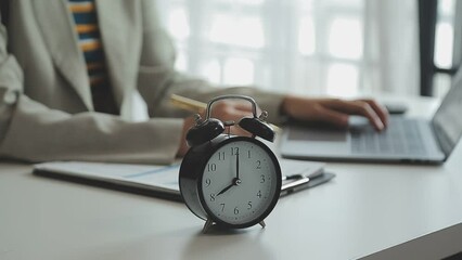 Female hand on the alarm clock a red color stands in the office on the table showing eight o'clock in the morning or evening AM PM.