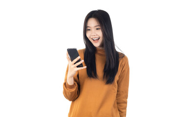 Portrait of a smiling casual Asian woman holding smartphone isolated on white background with clipping path.