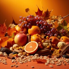 Naklejka na ściany i meble Professional Composit of some Autumnal Fruit over an Orange Background.