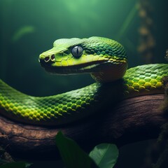 Obraz premium Amazing Shot of a Dangerous Green Snake over a Tropical Background.