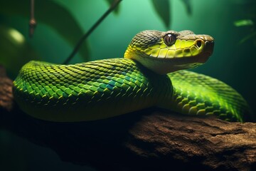 Fototapeta premium Amazing Shot of a Dangerous Green Snake over a Tropical Background.