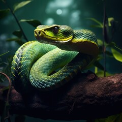 Amazing Shot of a Dangerous Green Snake over a Tropical Background.