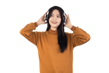 Young Asian woman listening to music with headphones isolated on white background with clipping path. People lifestyle concept.
