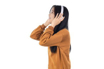 Young Asian woman listening to music with headphones isolated on white background with clipping path. People lifestyle concept.