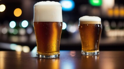 glasses of beer on a bar counter 