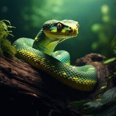 Fototapeta premium Amazing Shot of a Dangerous Green Snake over a Tropical Background.