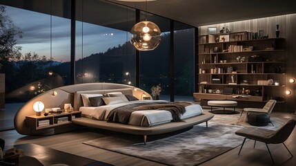 Modern chandelier illuminates elegant bedroom with antiqu. Generative AI.